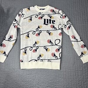 Miller Lite Beer Mens Knit Sweater White Hops String Lights Ugly Christmas Med